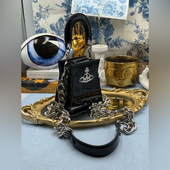 🆕 VIVIENNE WESTWOOD 🧿 NWOT Black Patent Leather Kelly Small Top Handle - AUTH - Picture 7 of 16